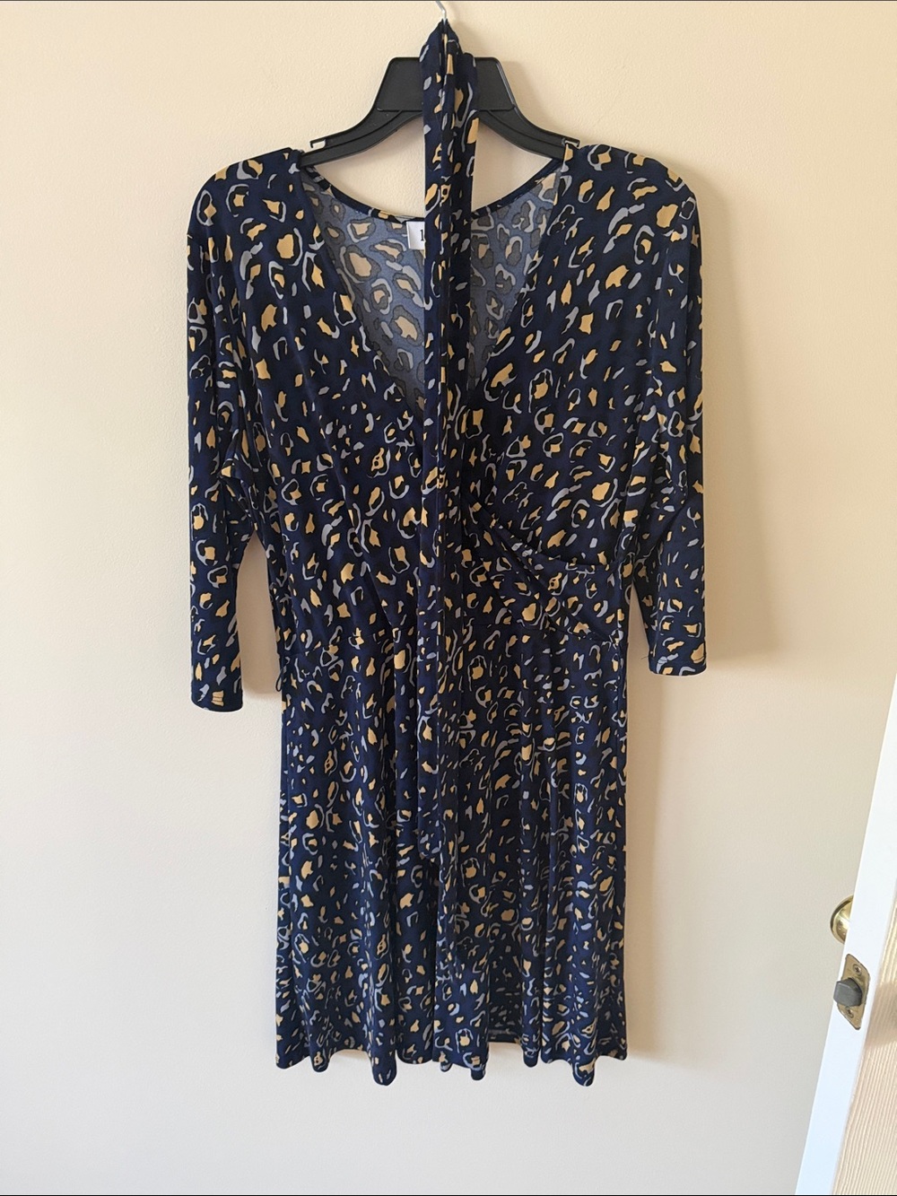 Leota Navy and Mustard Animal Print Wrap Dress